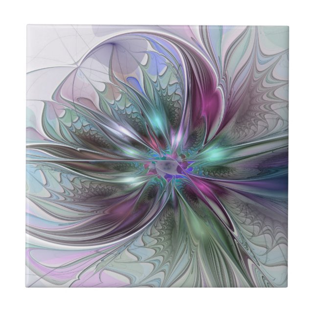 Colourful Fantasy Abstract Modern Fractal Flower Tile (Front)