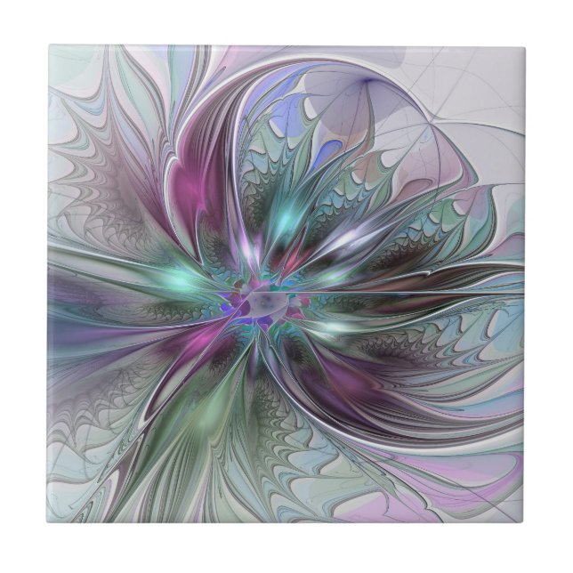 Colourful Fantasy Abstract Modern Fractal Flower Tile (Front)