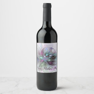 Colourful Fantasy Abstract Modern Fractal Flower Wine Label
