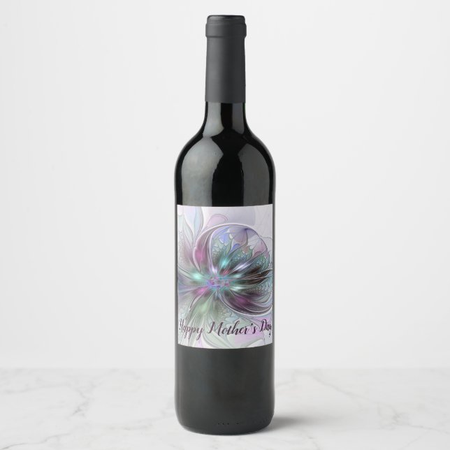 Colourful Fantasy Abstract Modern Fractal Flower Wine Label (Front)