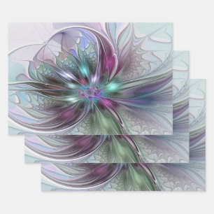 Colourful Fantasy Abstract Modern Fractal Flower Wrapping Paper Sheet