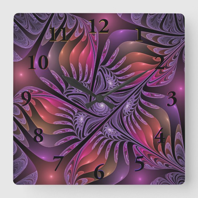 Colourful Fantasy Abstract Modern Purple Fractal Square Wall Clock (Front)