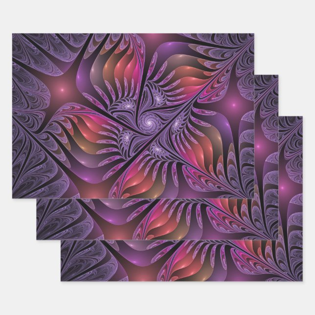 Colourful Fantasy Abstract Modern Purple Fractal Wrapping Paper Sheet (Set)