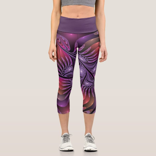 Colourful Fantasy Abstract Trippy Purple Fractal Capri Leggings (Front)