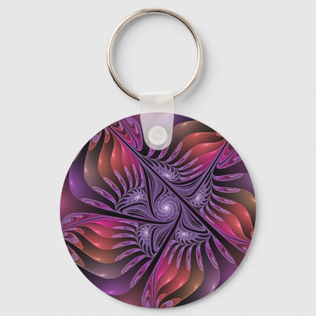Colourful Fantasy Abstract Trippy Purple Fractal Keychain (Front)