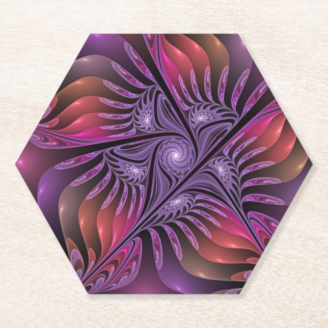Colourful Fantasy Abstract Trippy Purple Fractal Paper Coaster (Front)