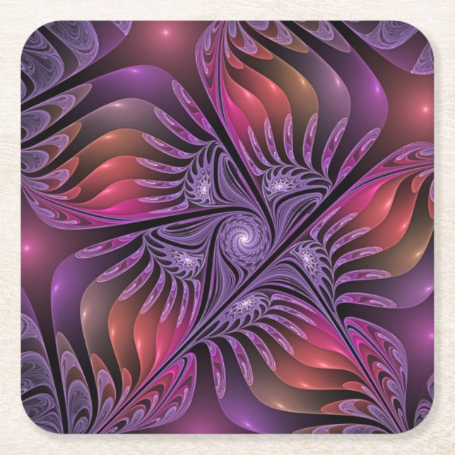 Colourful Fantasy Abstract Trippy Purple Fractal Square Paper Coaster (Front)