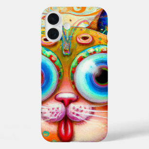 Colourful Fantasy Cat sticking out its Tongue iPhone 16 Plus Case