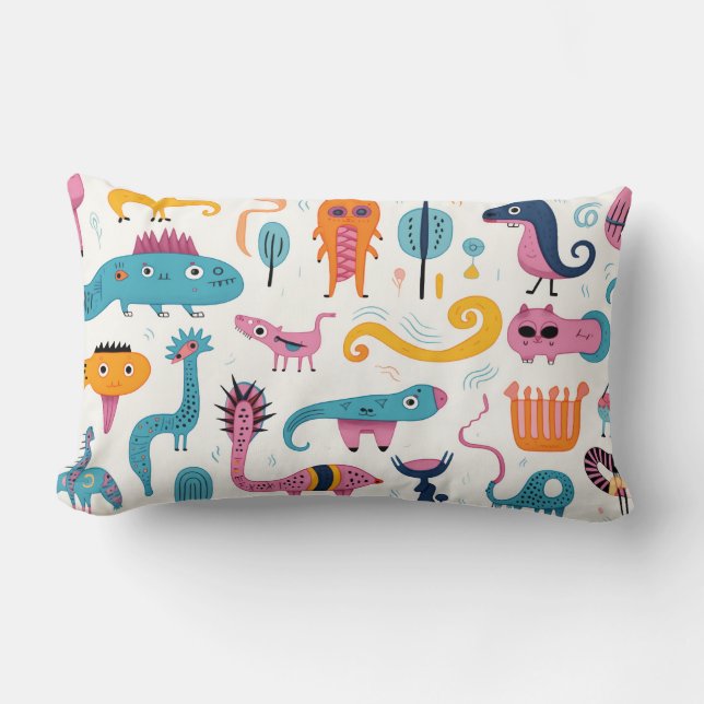 Colourful fantasy creatures on white lumbar pillow (Front)