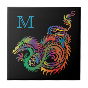 Colourful Fantasy Dragon Monogram Tile