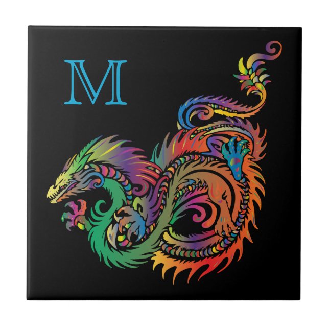 Colourful Fantasy Dragon Monogram Tile (Front)
