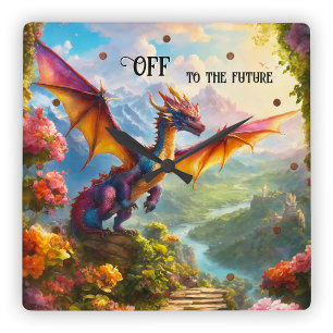 Colourful Fantasy Dragon Off to the Future Square Wall Clock