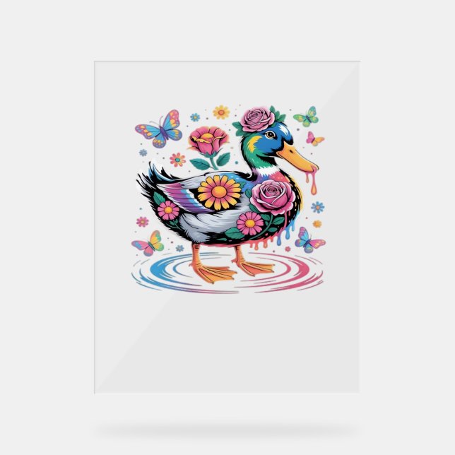Colourful Fantasy Duck with Flowers and Butterflie Acrylic Sign (Front)