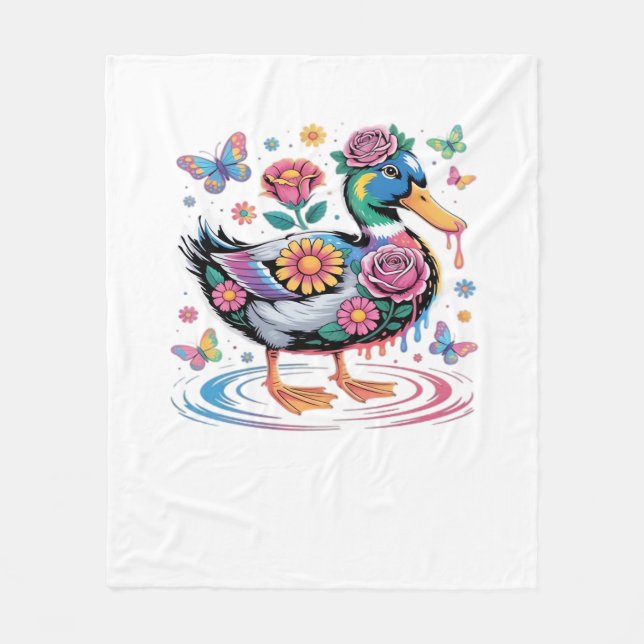 Colourful Fantasy Duck with Flowers and Butterflie Fleece Blanket (Front)