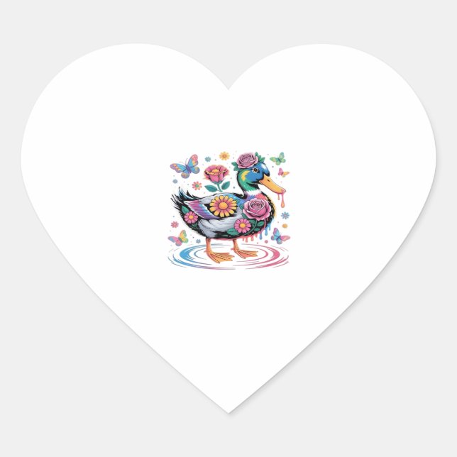 Colourful Fantasy Duck with Flowers and Butterflie Heart Sticker (Front)