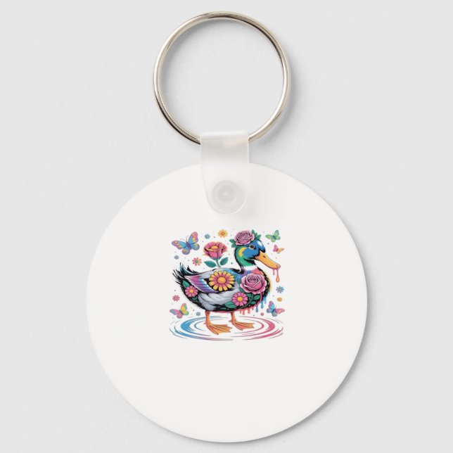 Colourful Fantasy Duck with Flowers and Butterflie Keychain (Front)