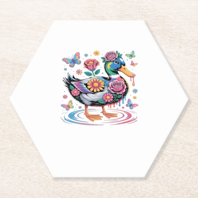 Colourful Fantasy Duck with Flowers and Butterflie Paper Coaster (Front)