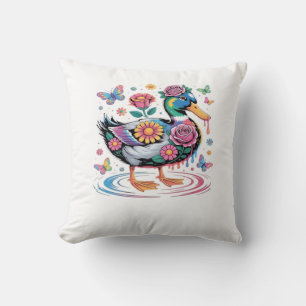 Colourful Fantasy Duck with Flowers and Butterflie Throw Pillow