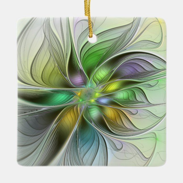 Colourful Fantasy Flower Modern Abstract Fractal  Ceramic Ornament (Front)