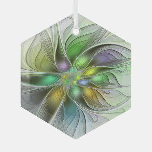 Colourful Fantasy Flower Modern Abstract Fractal Glass Ornament