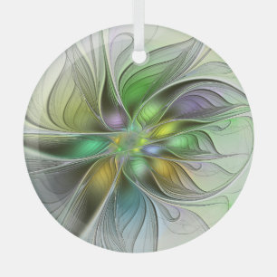 Colourful Fantasy Flower Modern Abstract Fractal Glass Ornament
