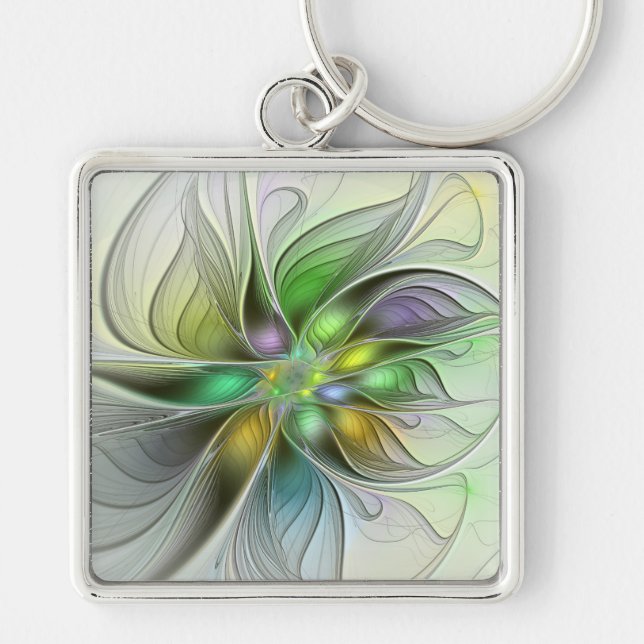 Colourful Fantasy Flower Modern Abstract Fractal Keychain (Front)
