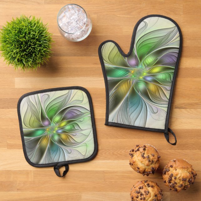 Colourful Fantasy Flower Modern Abstract Fractal Oven Mitt & Pot Holder Set (Top Down)