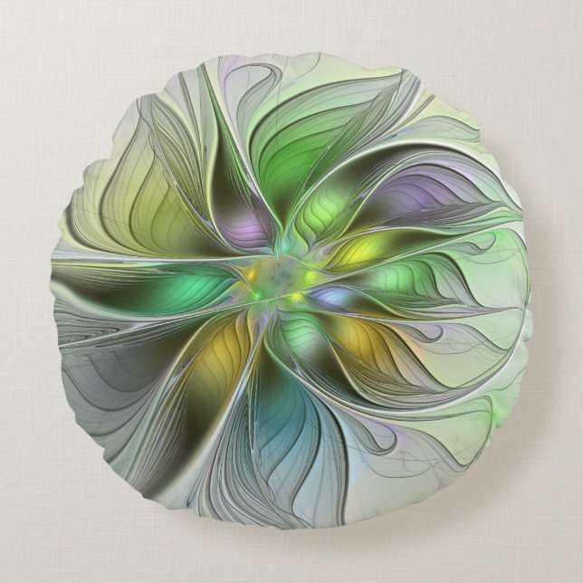 Colourful Fantasy Flower Modern Abstract Fractal Round Pillow (Front)