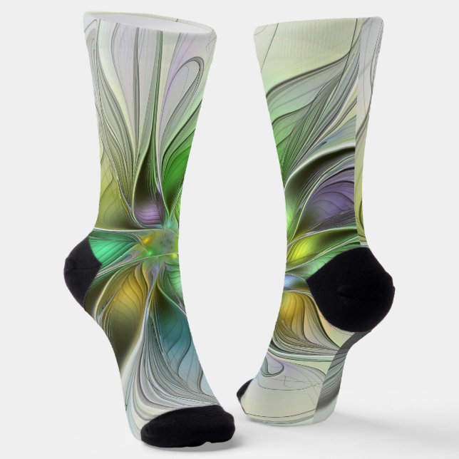 Colourful Fantasy Flower Modern Abstract Fractal Socks (Angled)