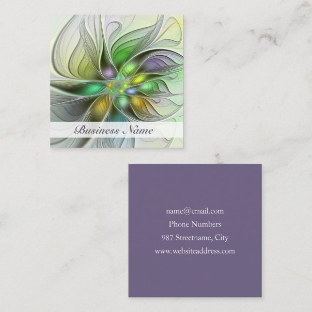Colourful Fantasy Flower Modern Abstract Fractal Square Business Card (Front/Back)