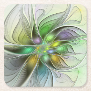 Colourful Fantasy Flower Modern Abstract Fractal Square Paper Coaster