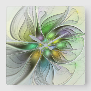 Colourful Fantasy Flower Modern Abstract Fractal Square Wall Clock