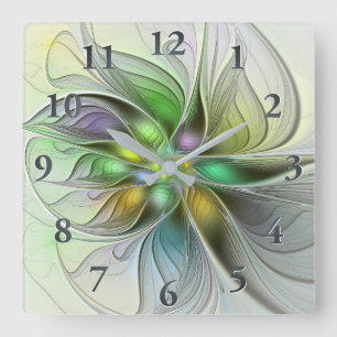 Colourful Fantasy Flower Modern Abstract Fractal Square Wall Clock