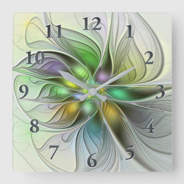 Colourful Fantasy Flower Modern Abstract Fractal Square Wall Clock (Front)
