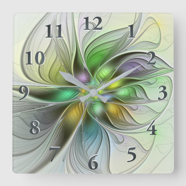 Colourful Fantasy Flower Modern Abstract Fractal Square Wall Clock (Front)