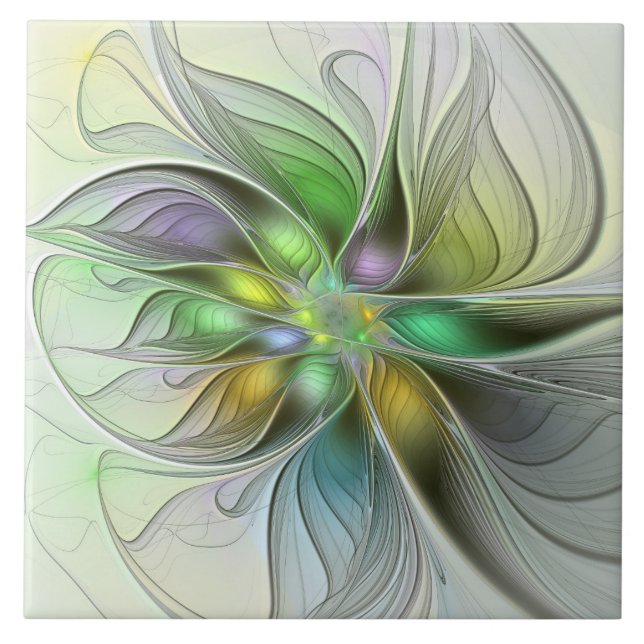 Colourful Fantasy Flower Modern Abstract Fractal Tile (Front)