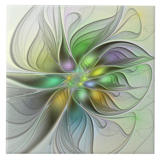 Colourful Fantasy Flower Modern Abstract Fractal Tile (Front)