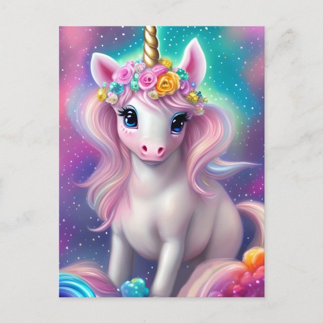 Colourful Fantasy Kawaii Unicorn  Postcard (Front)
