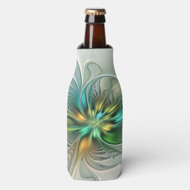 Colourful Fantasy Modern Abstract Flower Fractal Bottle Cooler (Bottle Front)