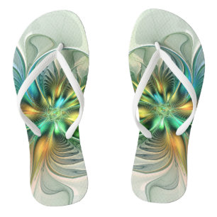 Colourful Fantasy Modern Abstract Flower Fractal Flip Flops