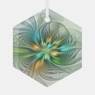 Colourful Fantasy Modern Abstract Flower Fractal Glass Ornament