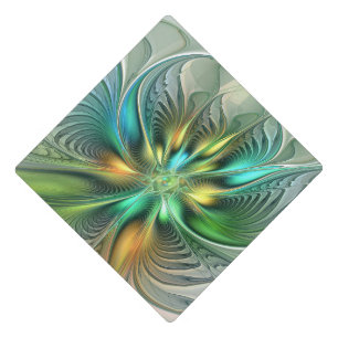 Colourful Fantasy Modern Abstract Flower Fractal Graduation Cap Topper