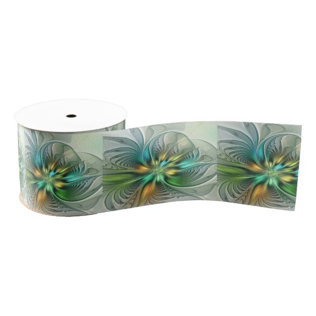 Colourful Fantasy Modern Abstract Flower Fractal Grosgrain Ribbon (Spool)