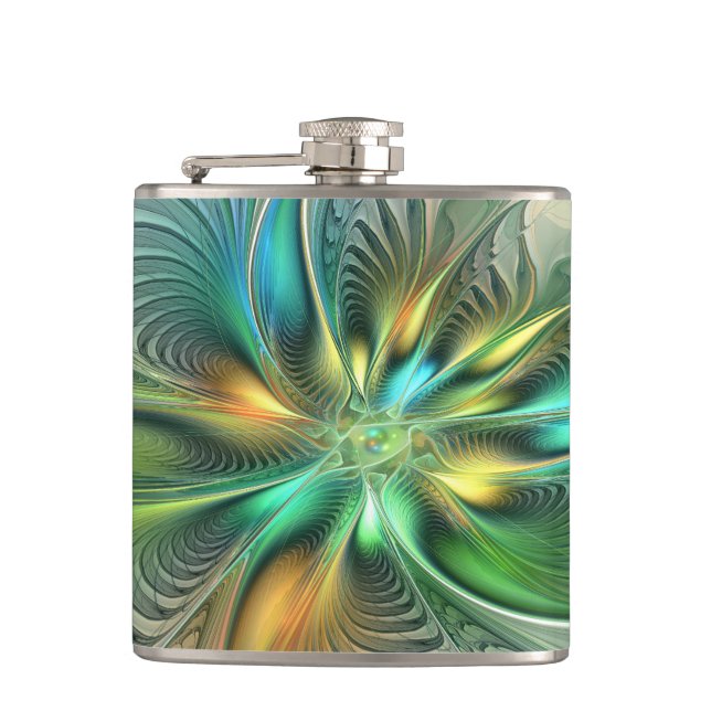 Colourful Fantasy Modern Abstract Flower Fractal Hip Flask (Front)