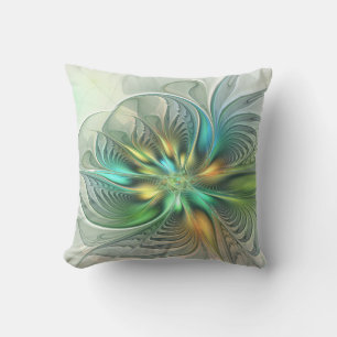 Colourful Fantasy Modern Abstract Flower Fractal Outdoor Pillow