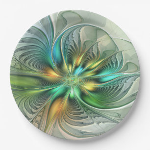 Colourful Fantasy Modern Abstract Flower Fractal Paper Plate