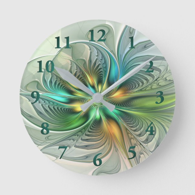 Colourful Fantasy Modern Abstract Flower Fractal Round Clock (Front)