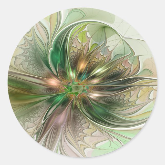 Colourful Fantasy Modern Abstract Fractal Flower Classic Round Sticker (Front)