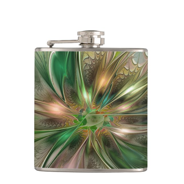 Colourful Fantasy Modern Abstract Fractal Flower Hip Flask (Front)