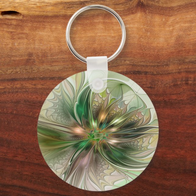 Colourful Fantasy Modern Abstract Fractal Flower Keychain (Front)